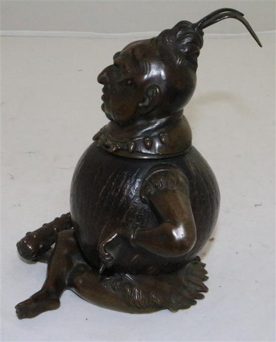 A Victorian brass mounted coconut shell inkwell, 6.5in.